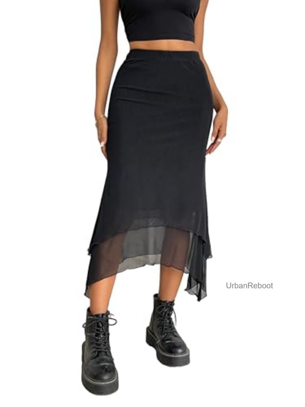 Mesh Asymmetrical Mermaid Midi Skirt High Waist Fishtail Long Skirt